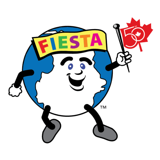 Aminated Globe with a "Fiesta" banner, holding a red, maple leaf flag with a 50 on it.